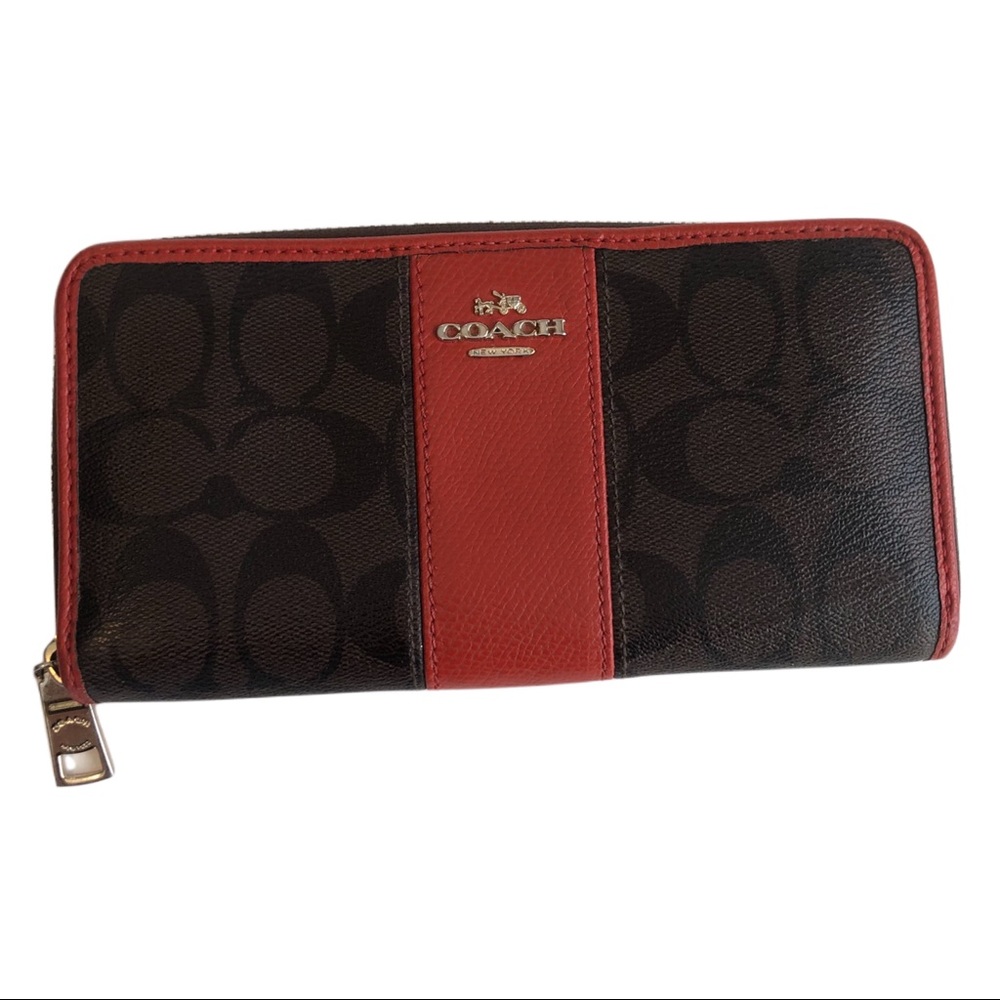 Brown & Orange Coach Leather Accordion Zip Wallet